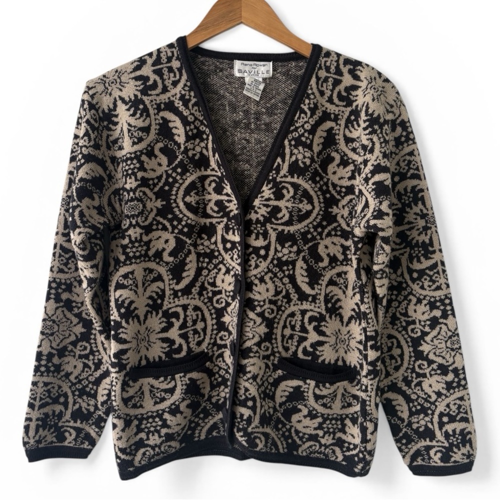 Vintage Rena Rowan for Saville Wool Blend Tapestry Knit Cardigan Sweater PETITE